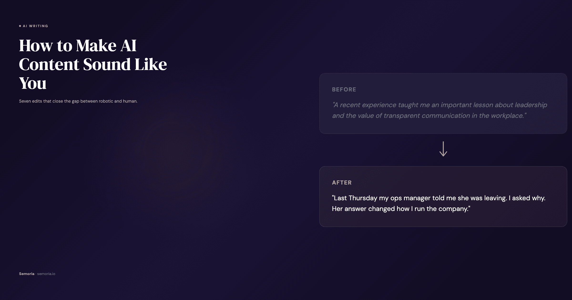 Before and after comparison of AI-generated content with humanising edits applied