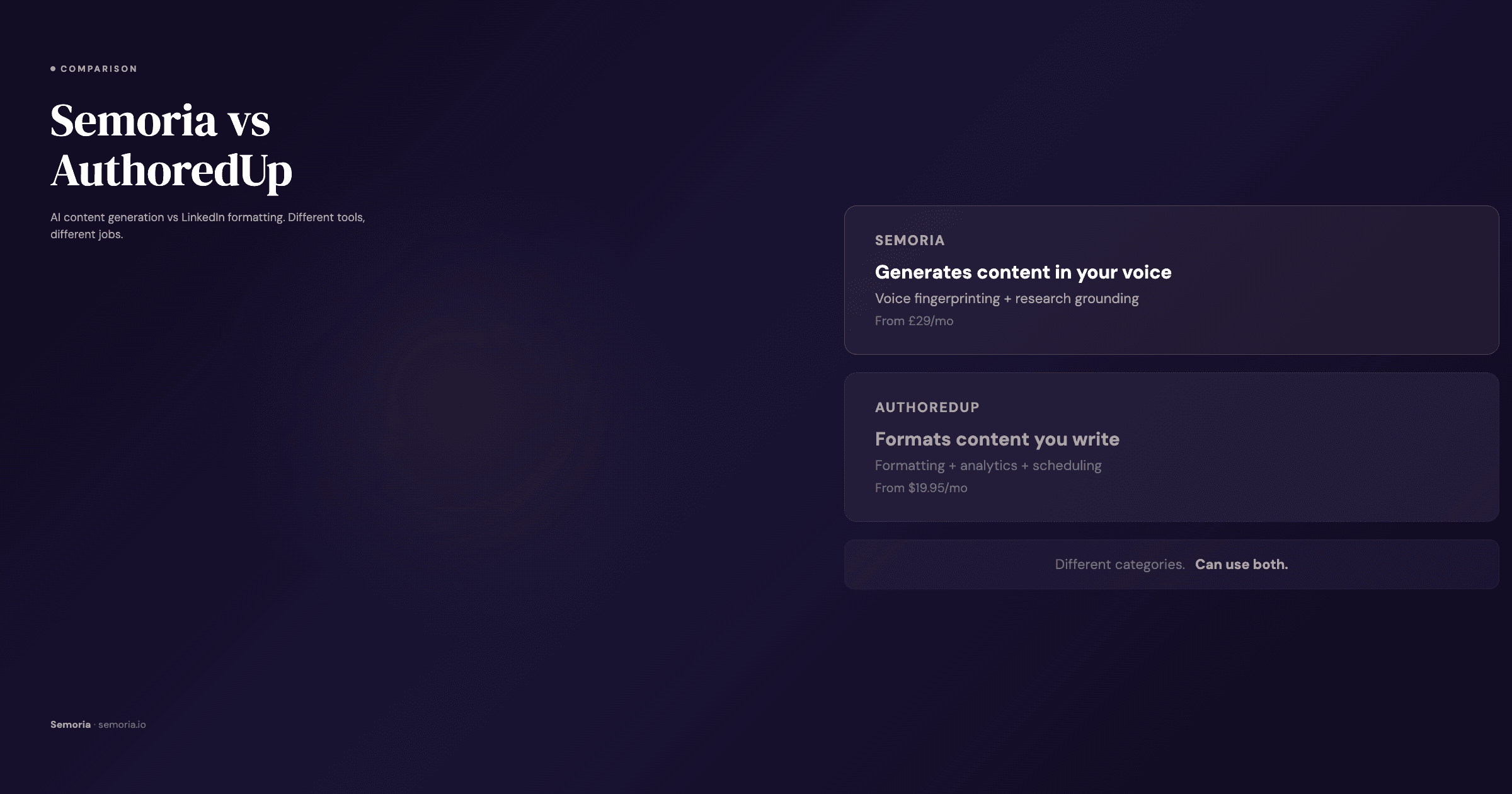 Comparison of Semoria AI content generation and AuthoredUp LinkedIn formatting